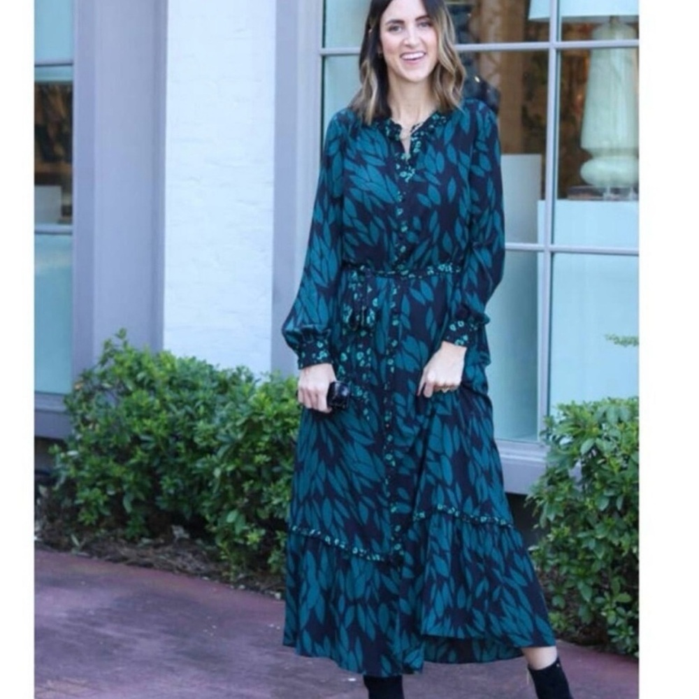 CAbi Style 4017 Autumn Teal Leaves Button Down Shirt Maxi Fall Dress Women's XS